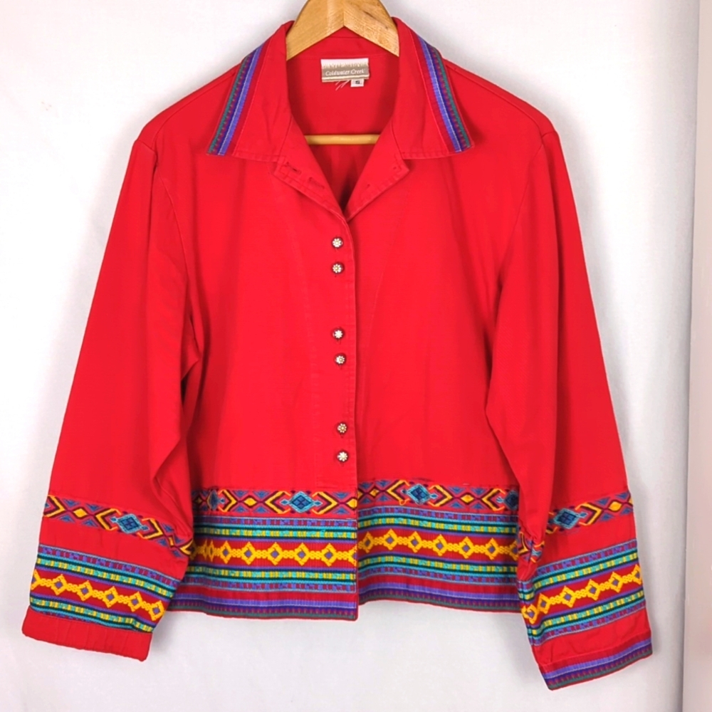 COLDWATER CREEK Women's Red Southwestern Embroidered Jacket